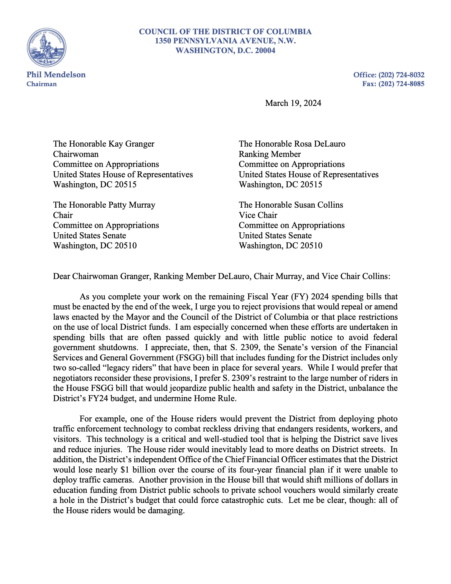 Chairman Mendelson sends letter to House and Senate appropriations ...